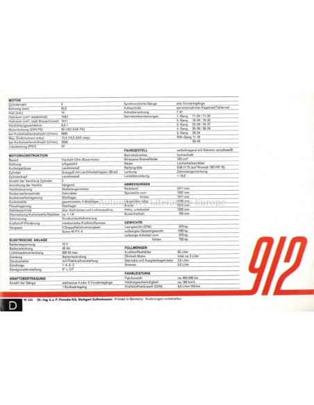 1965 PORSCHE 912 BROCHURE DUITS