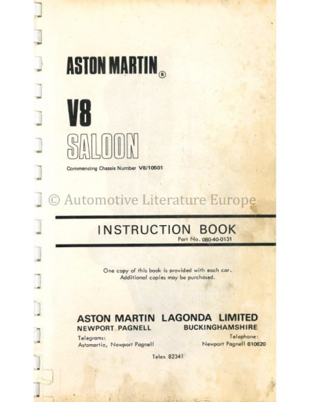 1972 ASTON MARTIN V8 SALOON BETRIEBSANLEITUNG ENGLISCH