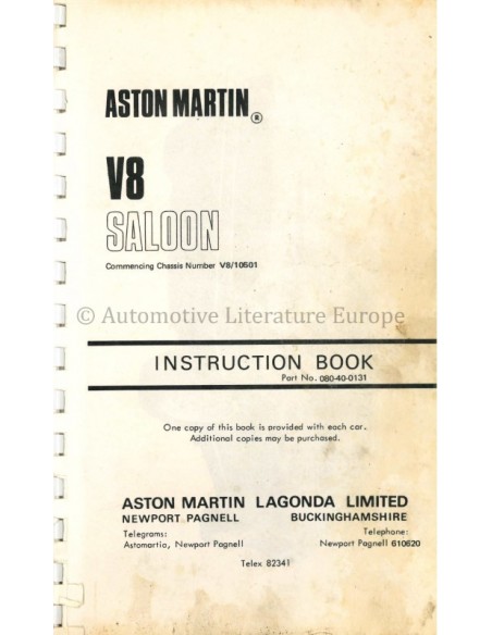 1972 ASTON MARTIN V8 SALOON OWNERS MANUAL ENGLISH