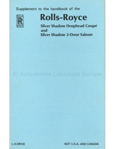 1968 ROLLS ROYCE SILVER SHADOW OWNERS MANUAL SUPPLEMENT ENGLISH