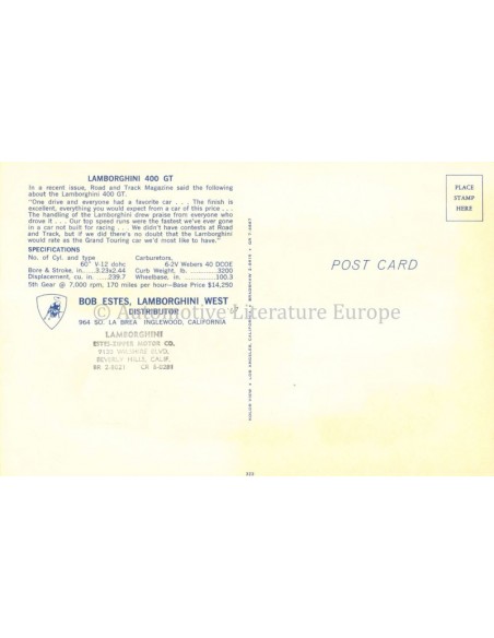 1967 LAMBORGHINI 400 GT ANSICHTKAART