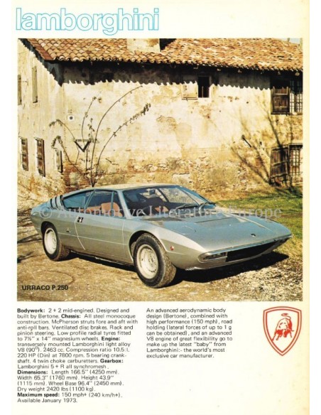 1973 LAMBORGHINI PRICE LIST BROCHURE ENGLISH