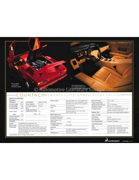 1989 LAMBORGHINI COUNTACH 25TH ANNIVERSARY LEAFLET ENGLISH US