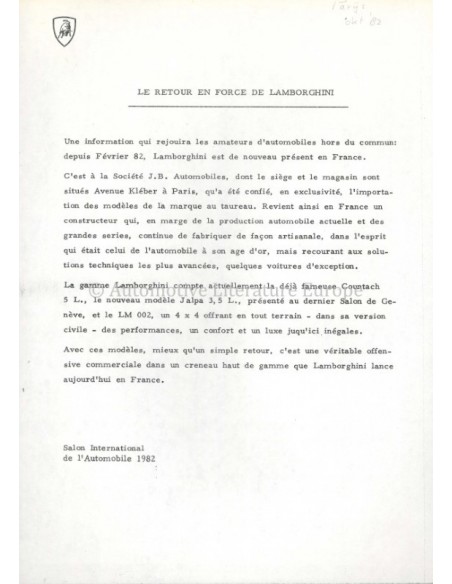1982 LAMBORGHINI PARIS PRESSEMAPPE FRANZÖSISCH