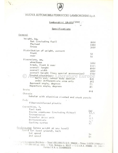 1986 LAMBORGHINI LM-002 / LM-004 PRESSEMAPPE ENGLISCH