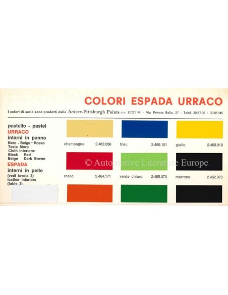 1970 LAMBORGHINI URRACO / ESPADA KLEUREN & INTERIEUR BROCHURE
