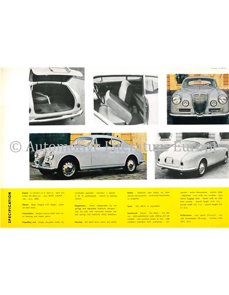 1958 LANCIA AURELIA GT 2500 DATENBLATT ENGLISCH