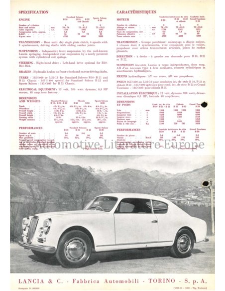 1952 LANCIA AURELIA GT 2500 DATENBLATT ENGLISCH