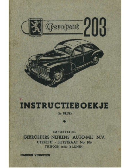 1956 PEUGEOT 203 OWNER'S MANUAL DUTCH