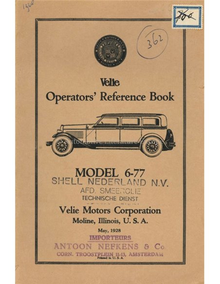 1928 VELIE MODEL 6-77 INSTRUCTIEBOEKJE ENGELS