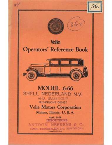 1928 VELIE MODEL 6-66 INSTRUCTIEBOEKJE ENGELS