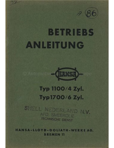 1937 HANSA 1100 / 1700 INSTRUCTIEBOEKJE DUITS