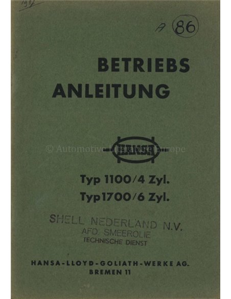 1937 HANSA 1100 / 1700 OWNERS MANUAL GERMAN