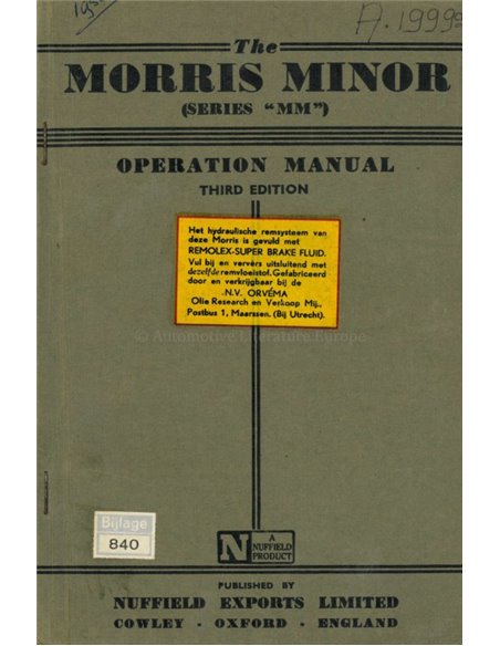 1950 MORRIS MINOR BETRIEBSANLEITUNG ENGLISCH