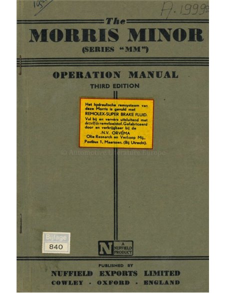 1950 MORRIS MINOR OWNERS MANUAL ENGLISH