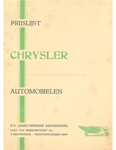 1927 CHRYSLER PREISLISTE NIEDERLÄNDISCH