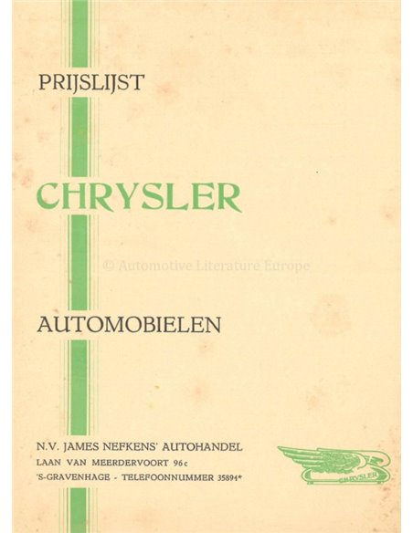 1927 CHRYSLER PRICE LIST DUTCH