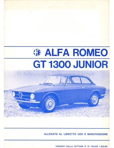 1971 ALFA ROMEO GT 1300 JUNIOR SUPPLEMENT OWNERS MANUAL ITALIAN