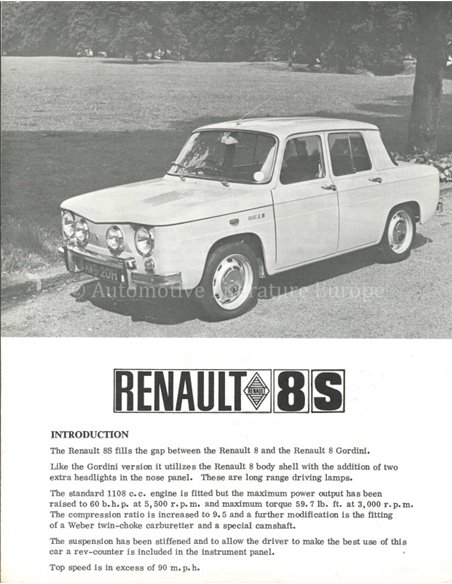 1970 RENAULT 8S BROCHURE NEDERLANDS