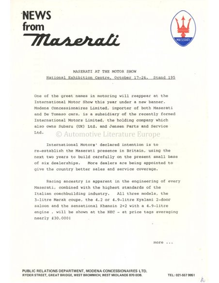 1980 MASERATI KYALAMI PRESSINFORMATION ENGLISH