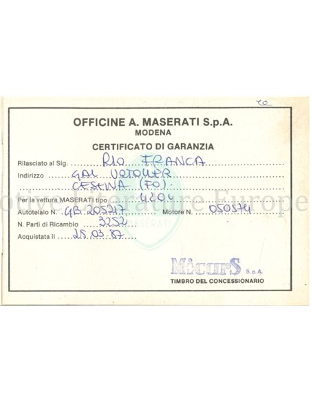 1987 MASERATI 420I ONDERHOUDSBOEKJE ITALIAANS