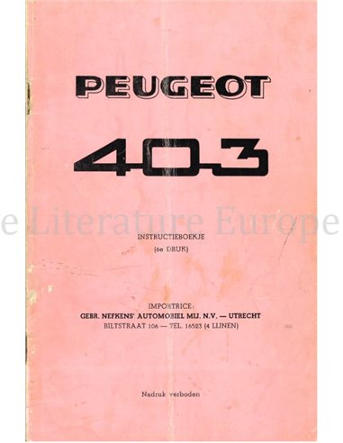 1962 PEUGEOT 403 OWNERS MANUAL DUTCH