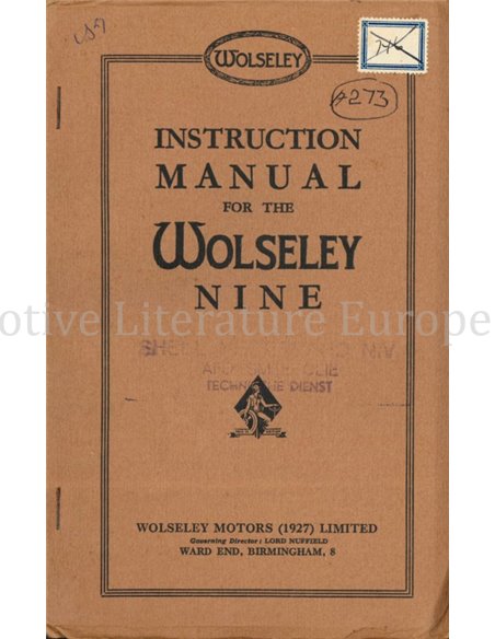 1934 WOLSELEY NINE BETRIEBSANLEITUNG ENGLISCH