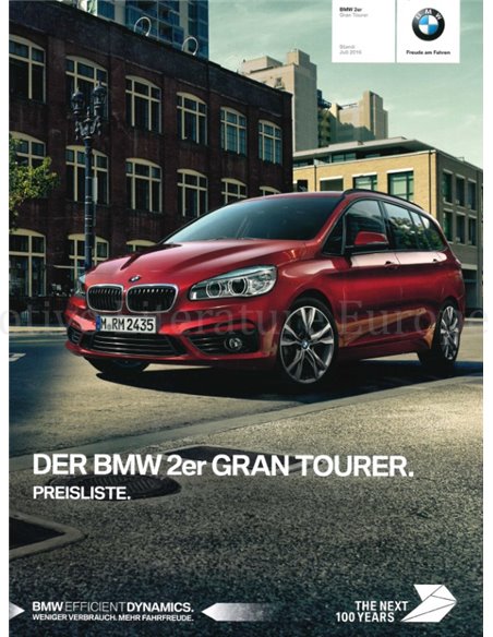 2016 BMW 2 SERIE GRAM TOURER PRIJSLIJST BROCHURE DUITS