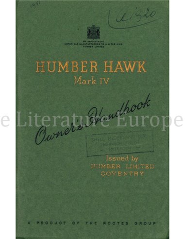 1952 HUMBER HAWK MARK IV BETRIEBSANLEITUNG ENGLISCH