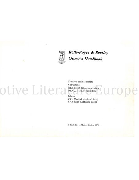 1976 ROLLS ROYCE / BENTLEY CORNICHE BETRIEBSANLEITUNG ENGLISCH
