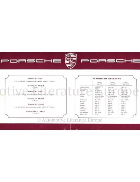 1967 PORSCHE 911 / 912 PRIJSLIJST NEDERLANDS