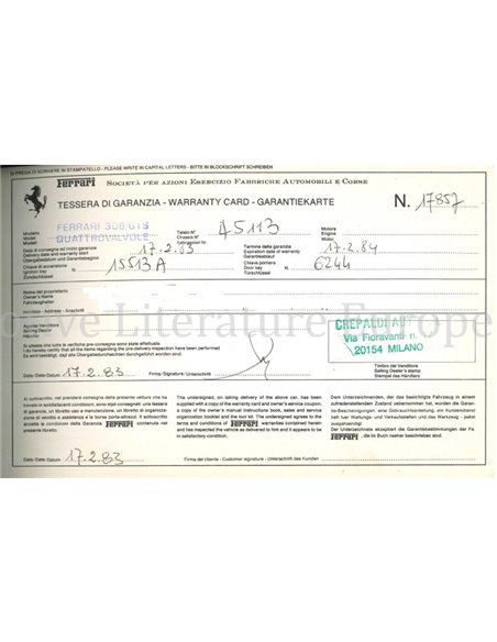 1983 FERRARI 308 GTS QV, GARANTIEKARTE & SERVICEHEFT 255/83