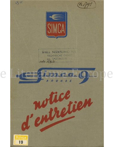 1951 SIMCA 9 ARONDE OWNERS MANUAL FRENCH