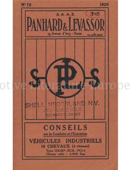 1926 PANHARD & LEVASSOR INDUSTRIAL VEHICLES BETRIEBSANLEITUNG FRANZÖSISCH