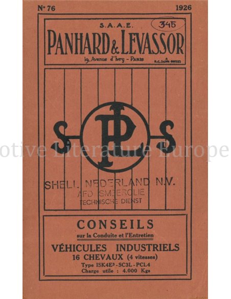 1926 PANHARD & LEVASSOR INDUSTRIAL VEHICLES INSTRUCTIEBOEKJE FRANS