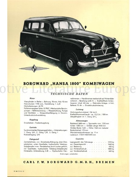 1953 BORGWARD HANSA 1800 KOMBIWAGEN BROCHURE DUITS