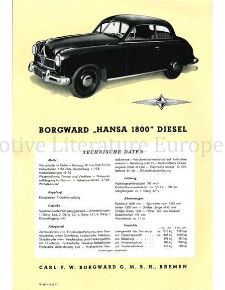 1953 BORGWARD HANSA 1800 DIESEL BROCHURE DUITS