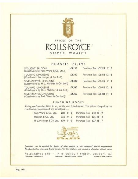 1950 ROLLS ROYCE SILVER WRAITH BROCHURE ENGELS