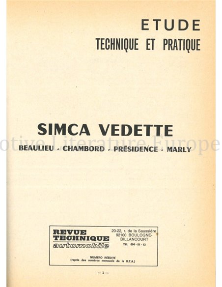 LES ARCHIVES DE COLLECTIONNEUR:  SIMCA VEDETTE 1959-1961 (BEAULIEU, CHAMBORD, PRESIDENCE, MARLY)