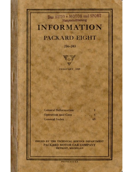 1925 PACKARD EIGHT INSTRUCTIEBOEKJE ENGELS