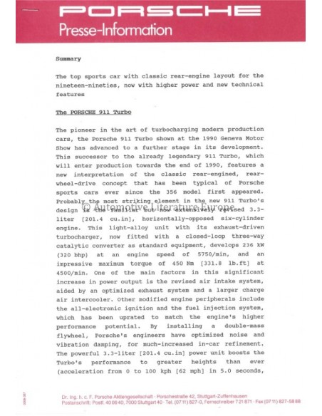 1990 PORSCHE 968 911 TURBO PRESSEMAPPE DEUTSCH