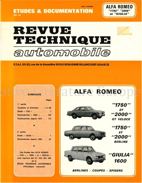 ALFA ROMEO 1750, 2000 ET GIULIA, REVUE TECHNIQUE AUTOMOBILE
