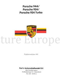 1982 PORSCHE 924 | 944 PRIJSLIJST NEDERLANDS
