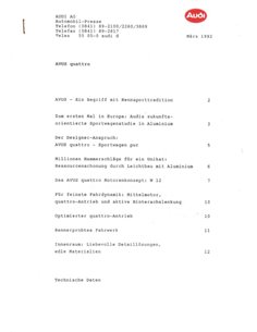 1992 AUDI AVUS QUATTRO PRESSEMAPPE DEUTSCH 2