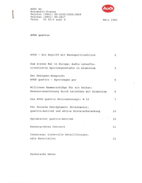 1992 AUDI AVUS QUATTRO PRESSEMAPPE DEUTSCH