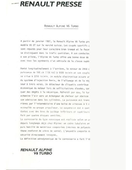 1986 RENAULT ALPINE V6 TURBO PRESSKIT FRENCH
