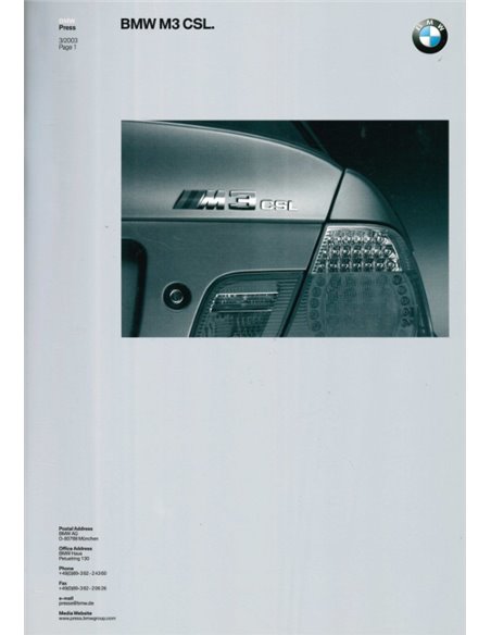 2003 BMW M3 CSL PERSMAP ENGELS | NEDERLANDS