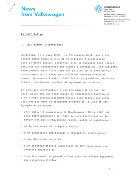 1989 VOLKSWAGEN GENEVA PRESSKIT FRENCH
