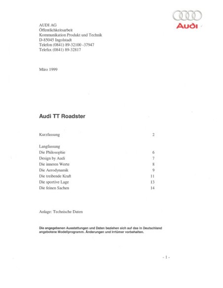 1999 AUDI TT ROADSTER PRESSEMAPPE DEUTSCH