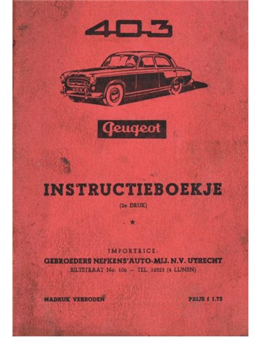 1956 PEUGEOT 403 OWNERS MANUAL DUTCH